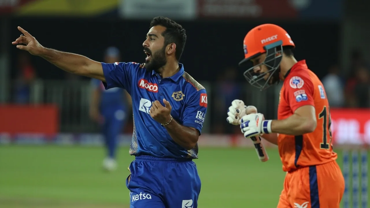 A left-arm spinner in delivery stride at the crease during a competitive T20 match under floodlights